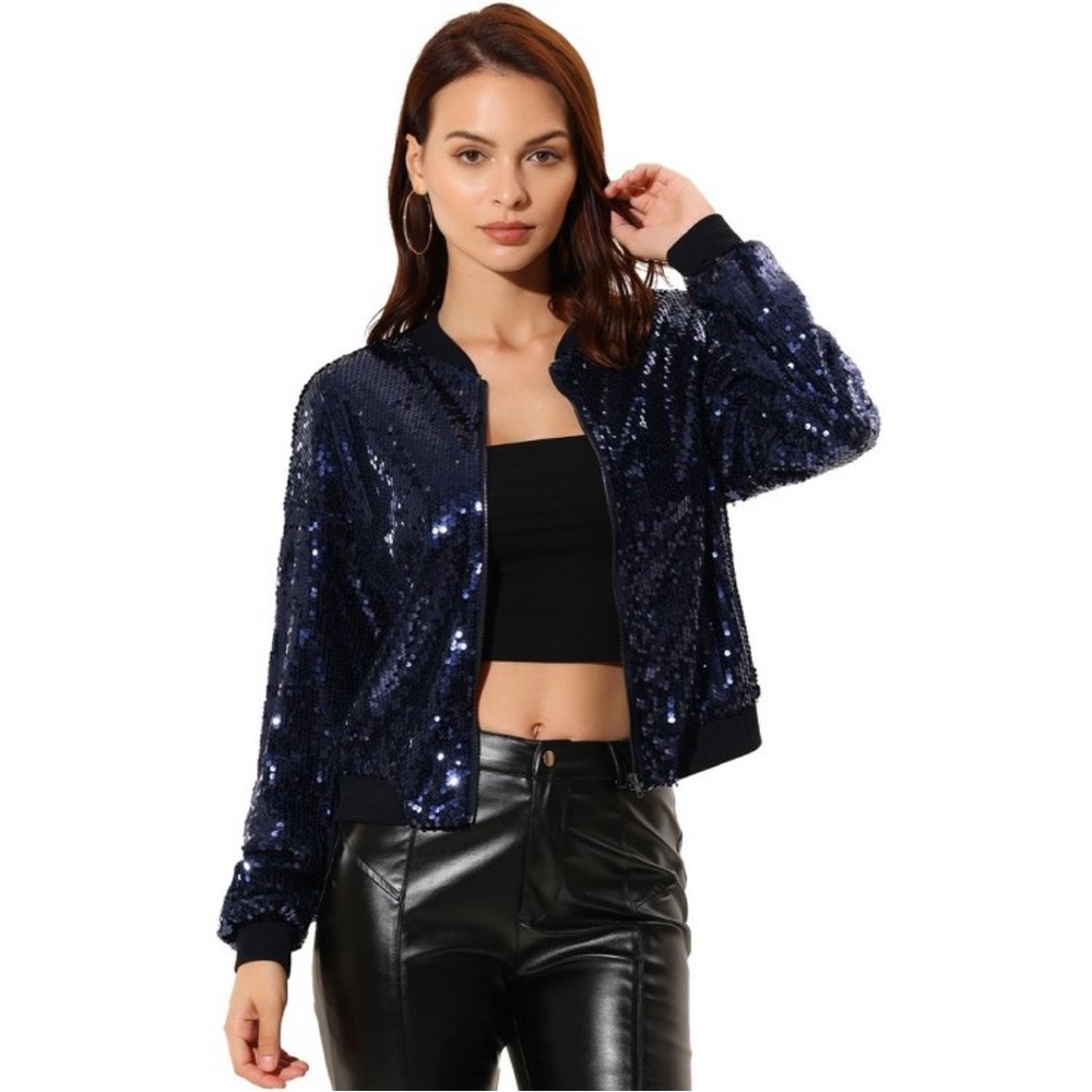 NWT! Allegra K Women's Sequin Sparkle Long
Sleeve Zipper Bomber Jacket Navy L